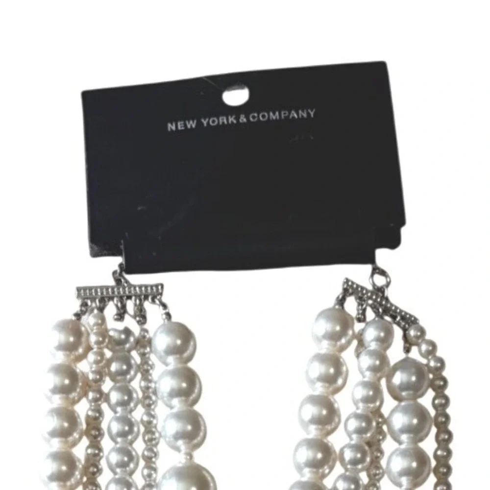NEW New York & Company Faux Pearl Multi Strand Layered Statement Necklace White